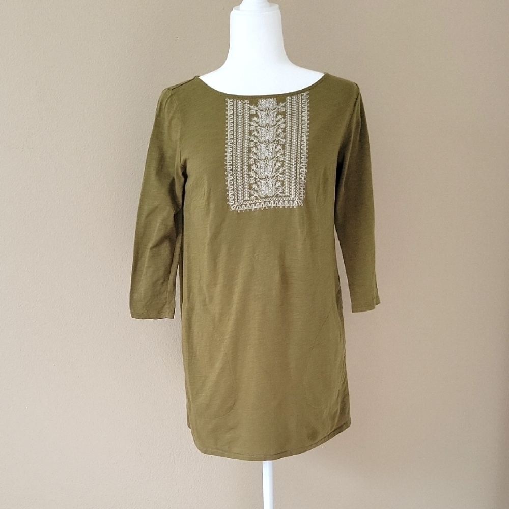 Garnet Hill Olive Embroidered 3/4 Sleeve Mini Dress - Size XS
